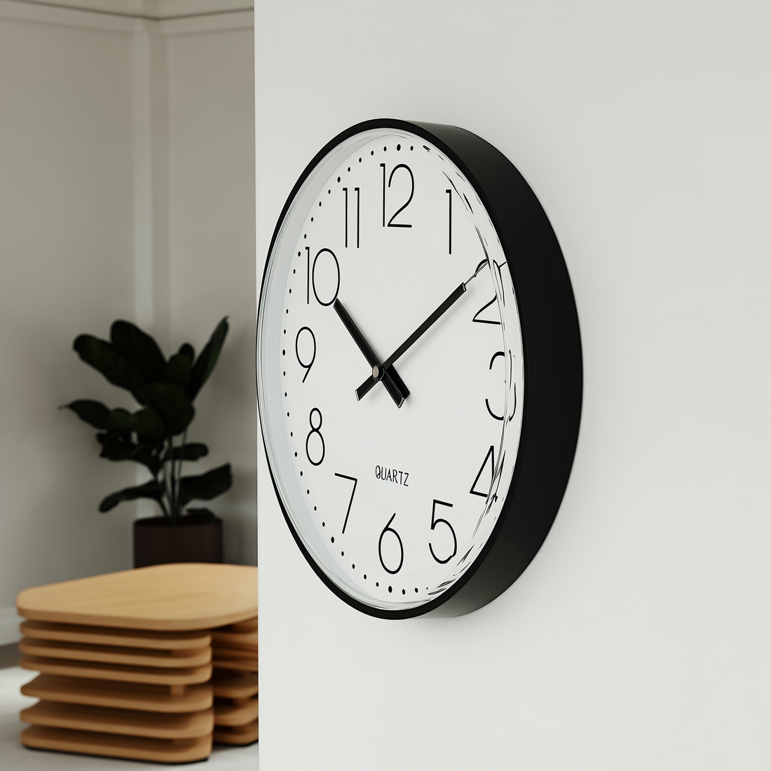 Relógio de parede redondo minimalista preto e branco na parede de uma sala de estar com sofá bege — foto de ambiente 2