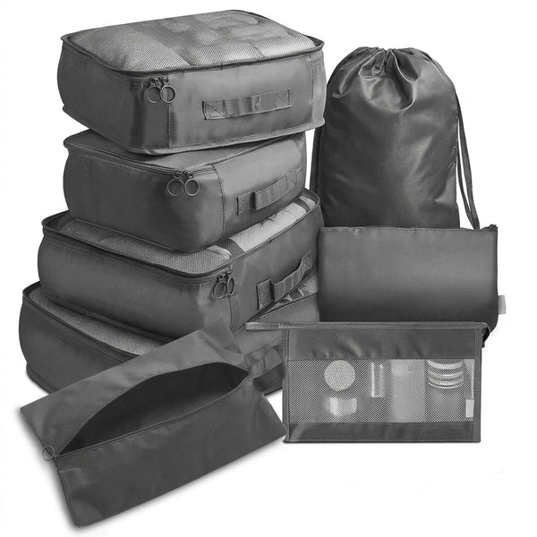 Kit organizador de mala com 7 peças em algodão para viagem, vista frontal em fundo branco