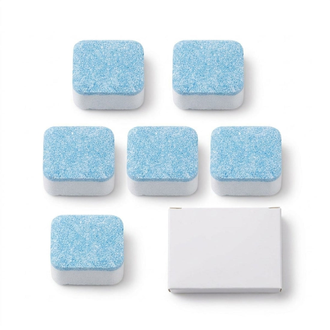 Pastilha para limpar máquina de lavar com 5 unidades e aroma de limão, vista frontal em fundo branco