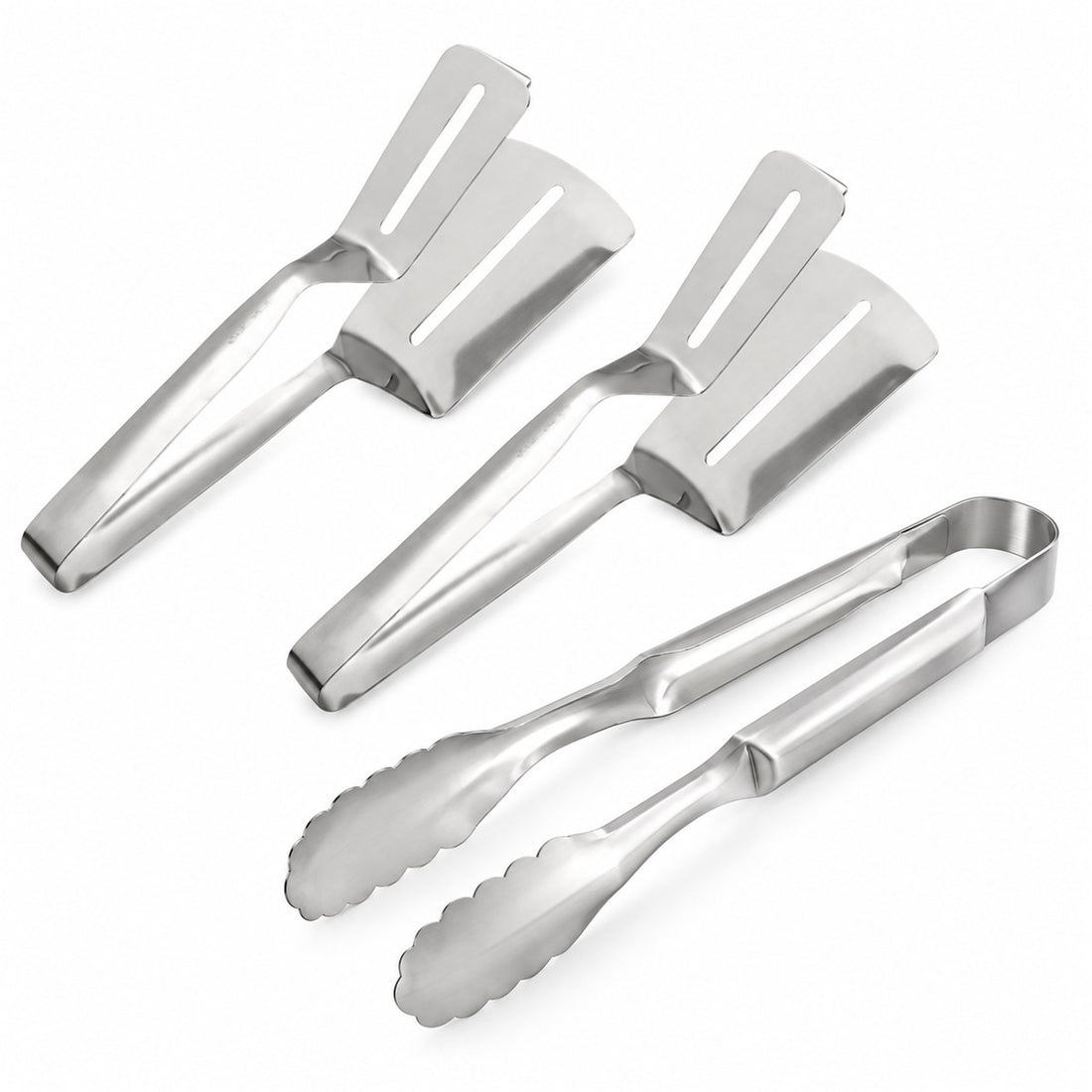Espátula para churrasco com pegador em aço inox — jogo com 3 peças, vista frontal em fundo branco
