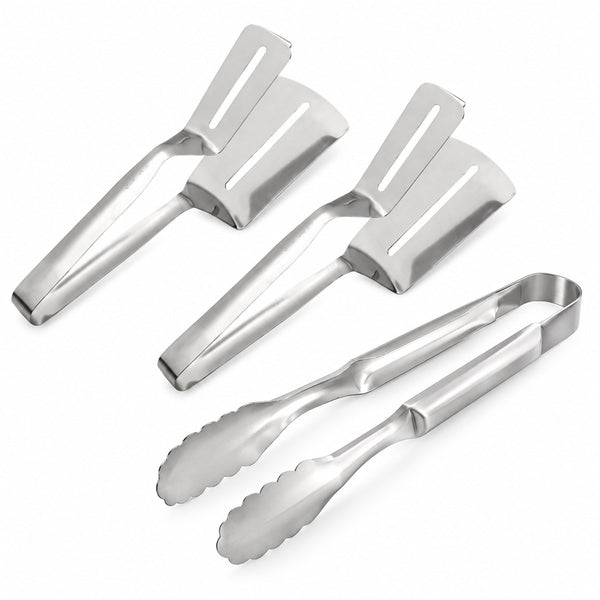 Espátula para churrasco com pegador em aço inox — jogo com 3 peças, vista frontal em fundo branco