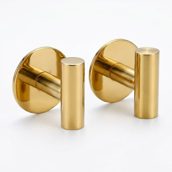 Gancho adesivo dourado em aço inox, par para banheiro e cozinha, vista frontal em fundo branco