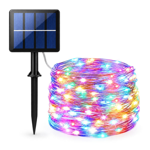 Cordão de luz solar com oito modos para varanda, árvore e área externa, vista frontal em fundo branco