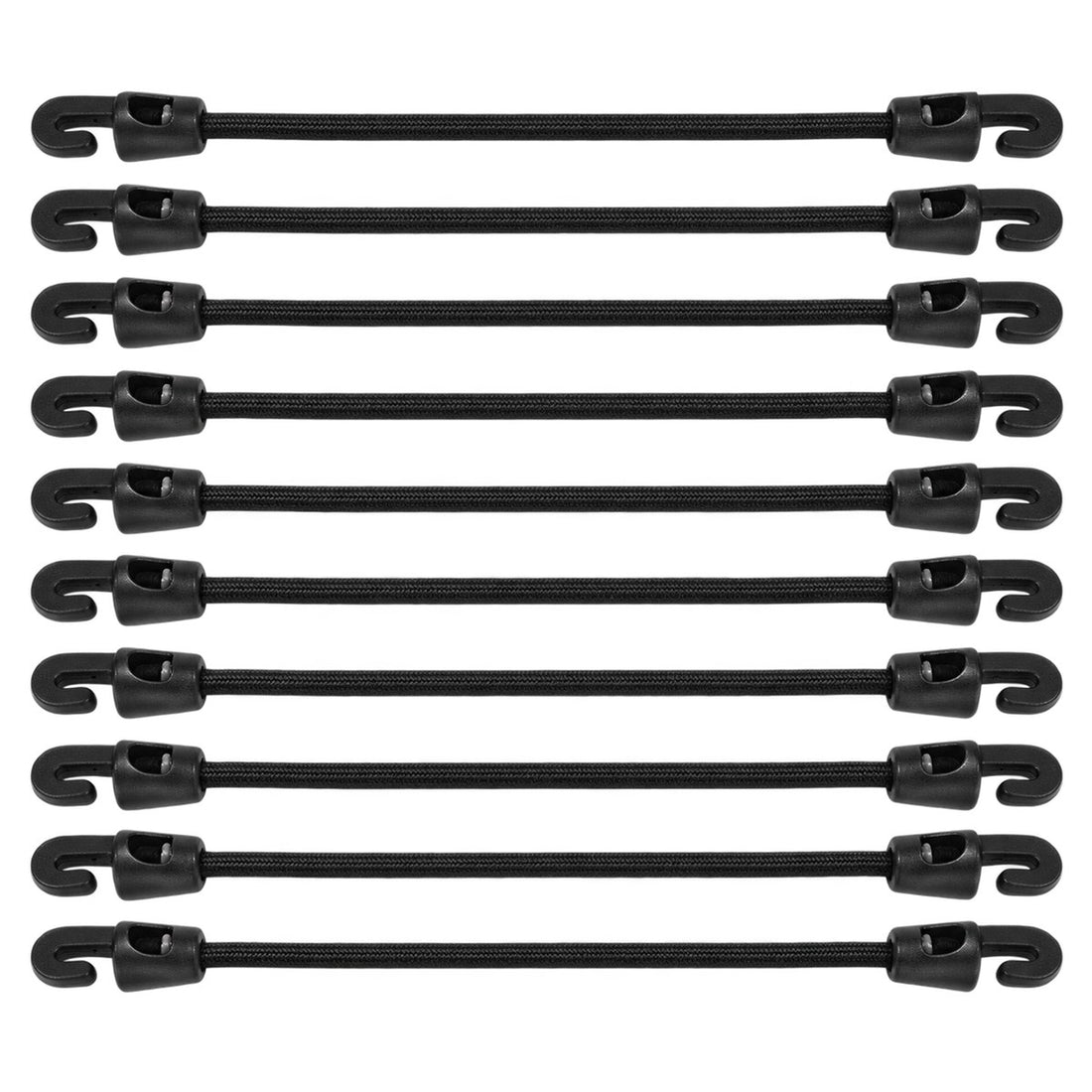 Kit corda elástica com gancho para toldo e lona 10 cm com 10 peças, vista frontal em fundo branco