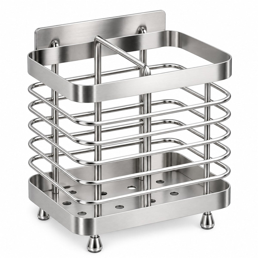 Porta Escova de Dente Inox de Parede com 2 Compartimentos, vista frontal em fundo branco