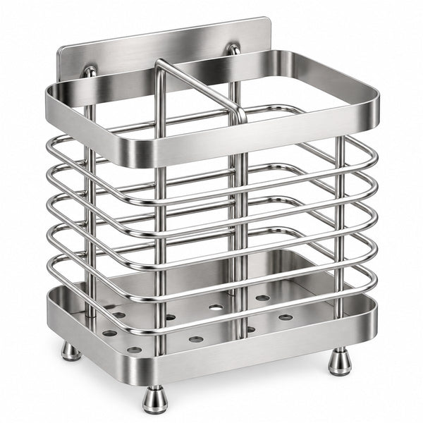 Porta Escova de Dente Inox de Parede com 2 Compartimentos, vista frontal em fundo branco