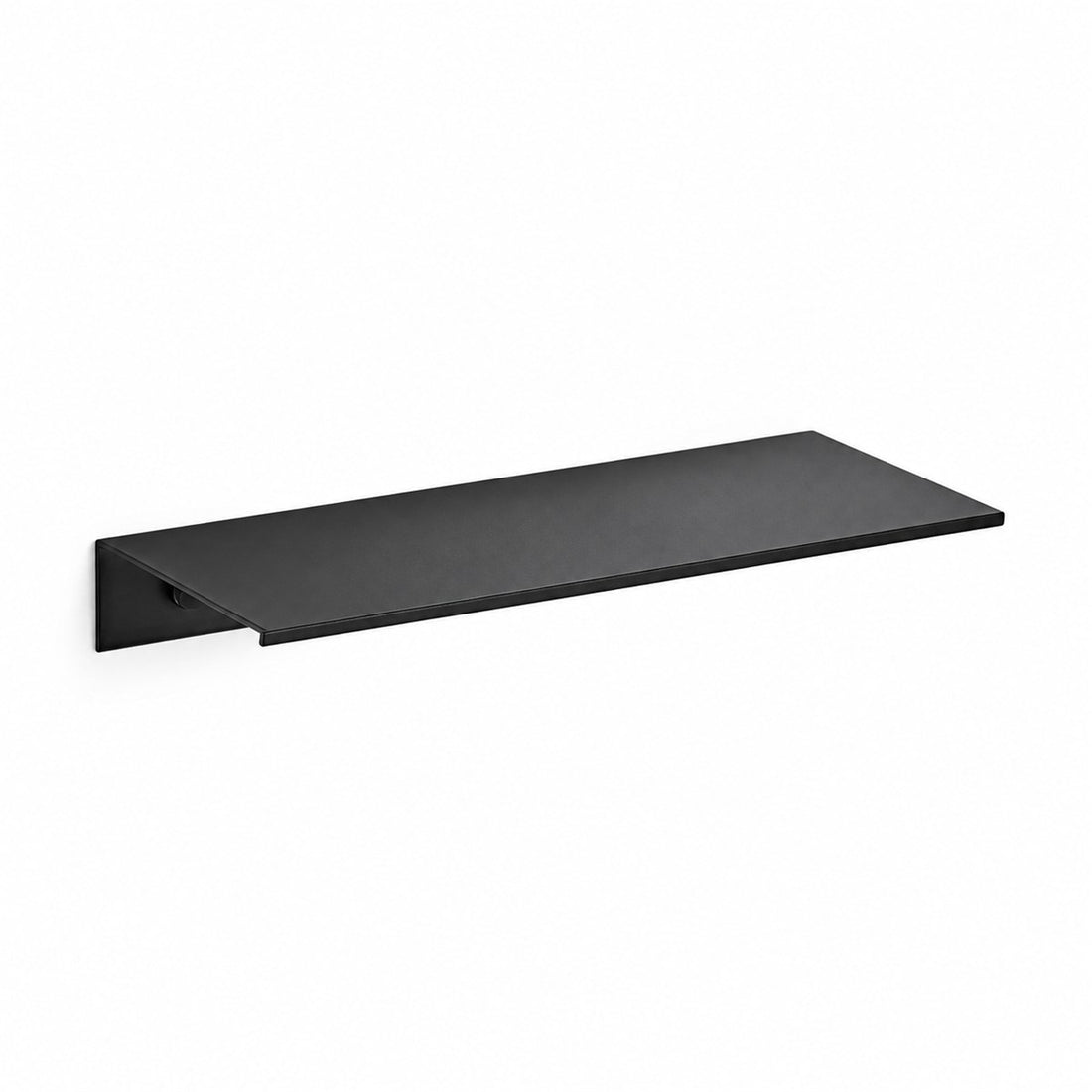 Prateleira flutuante para banheiro em alumínio preto 30 cm, vista frontal em fundo branco