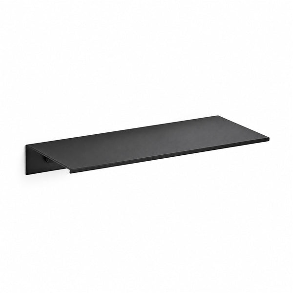 Prateleira flutuante para banheiro em alumínio preto 30 cm, vista frontal em fundo branco