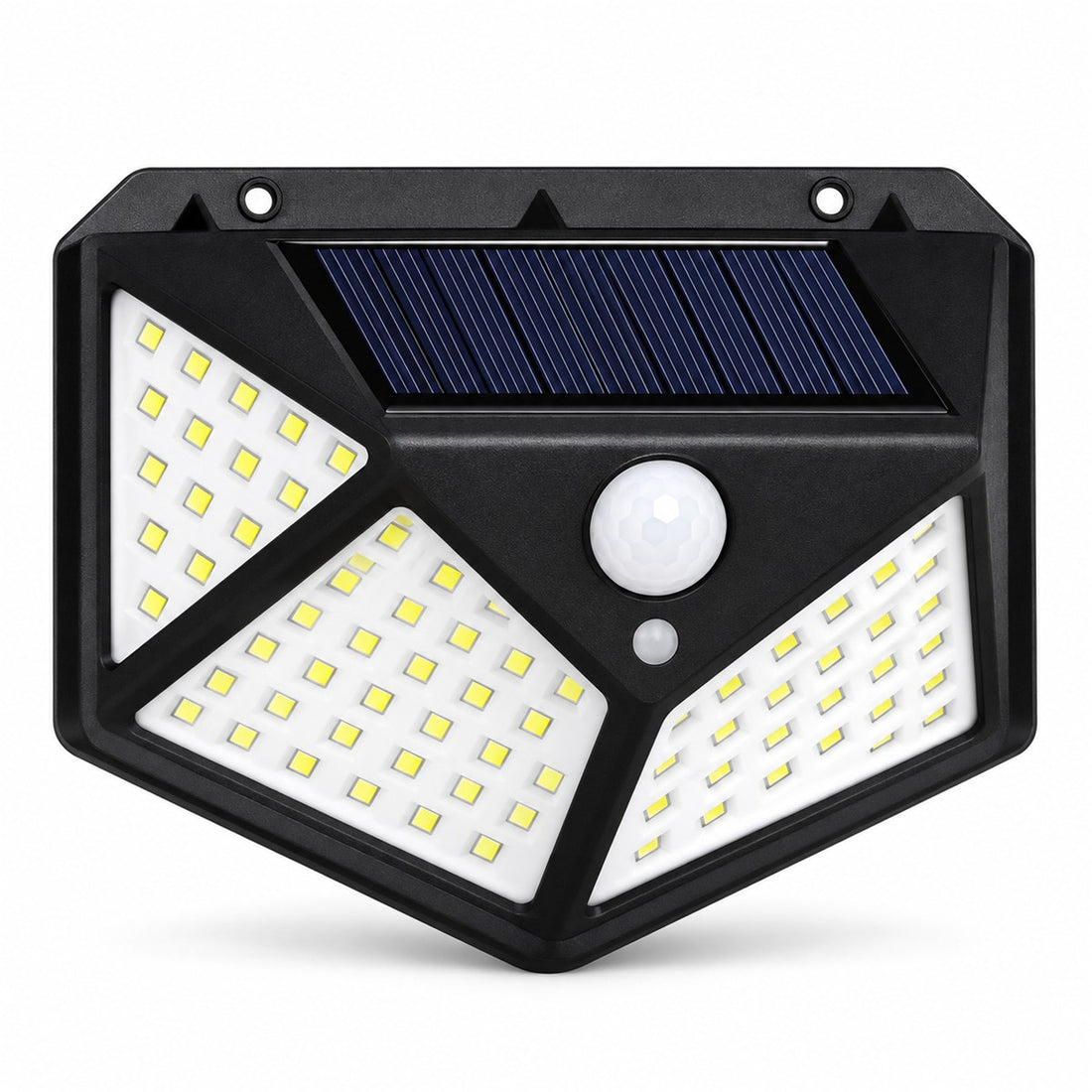 Arandela solar de parede externa com 100 LEDs para varanda e área gourmet, vista frontal em fundo branco