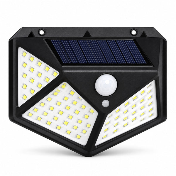 Arandela solar de parede externa com 100 LEDs para varanda e área gourmet, vista frontal em fundo branco