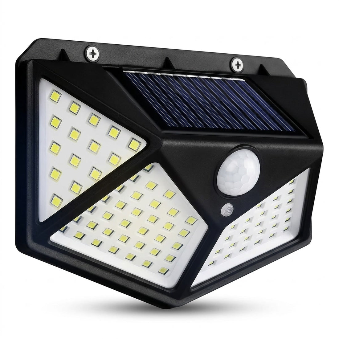 Luminária solar de parede com 100 LEDs para muro, quintal e garagem, vista frontal em fundo branco