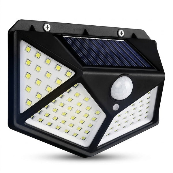 Luminária solar de parede com 100 LEDs para muro, quintal e garagem, vista frontal em fundo branco