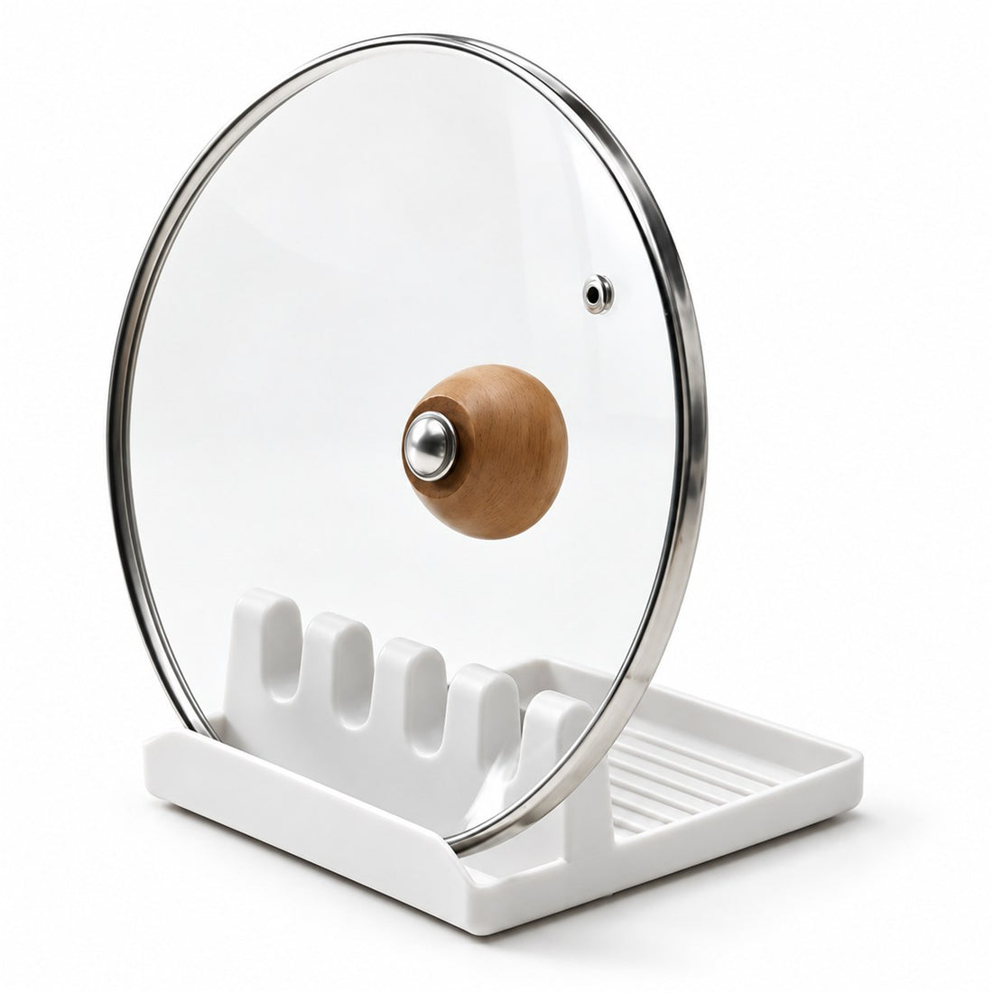 Descanso de colher e utensílios de cozinha com base antiderrapante, vista frontal em fundo branco