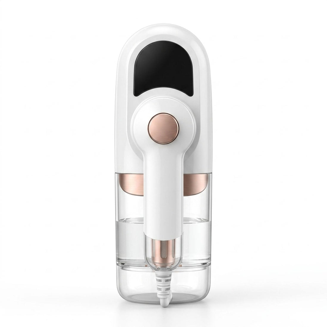 Vaporizador de roupas portátil vertical de mão com 60 minutos de vapor, vista frontal em fundo branco