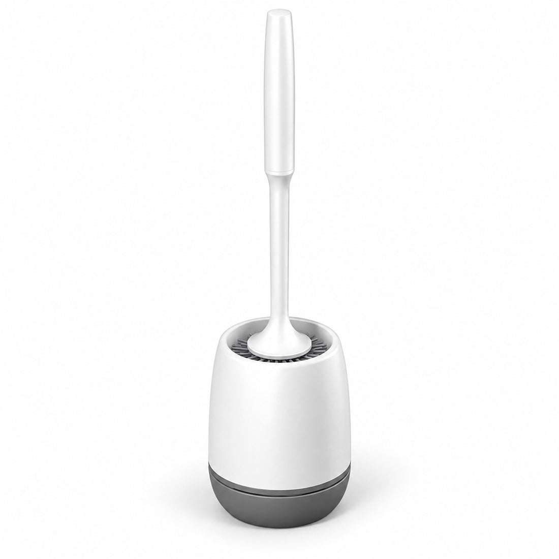 Escova sanitária de silicone com suporte de chão para banheiro e lavabo, vista frontal em fundo branco