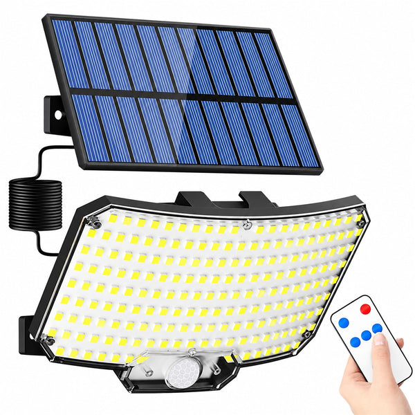 Luminária Solar com Controle Remoto e Sensor de Presença 234 LEDs para Área Externa, vista frontal em fundo branco