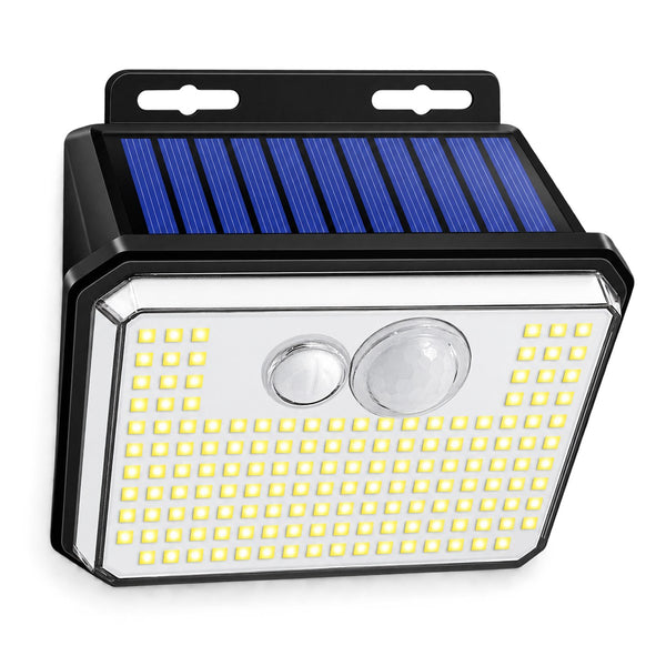 Refletor solar com sensor de presença e 148 LEDs para muro e garagem, vista frontal em fundo branco