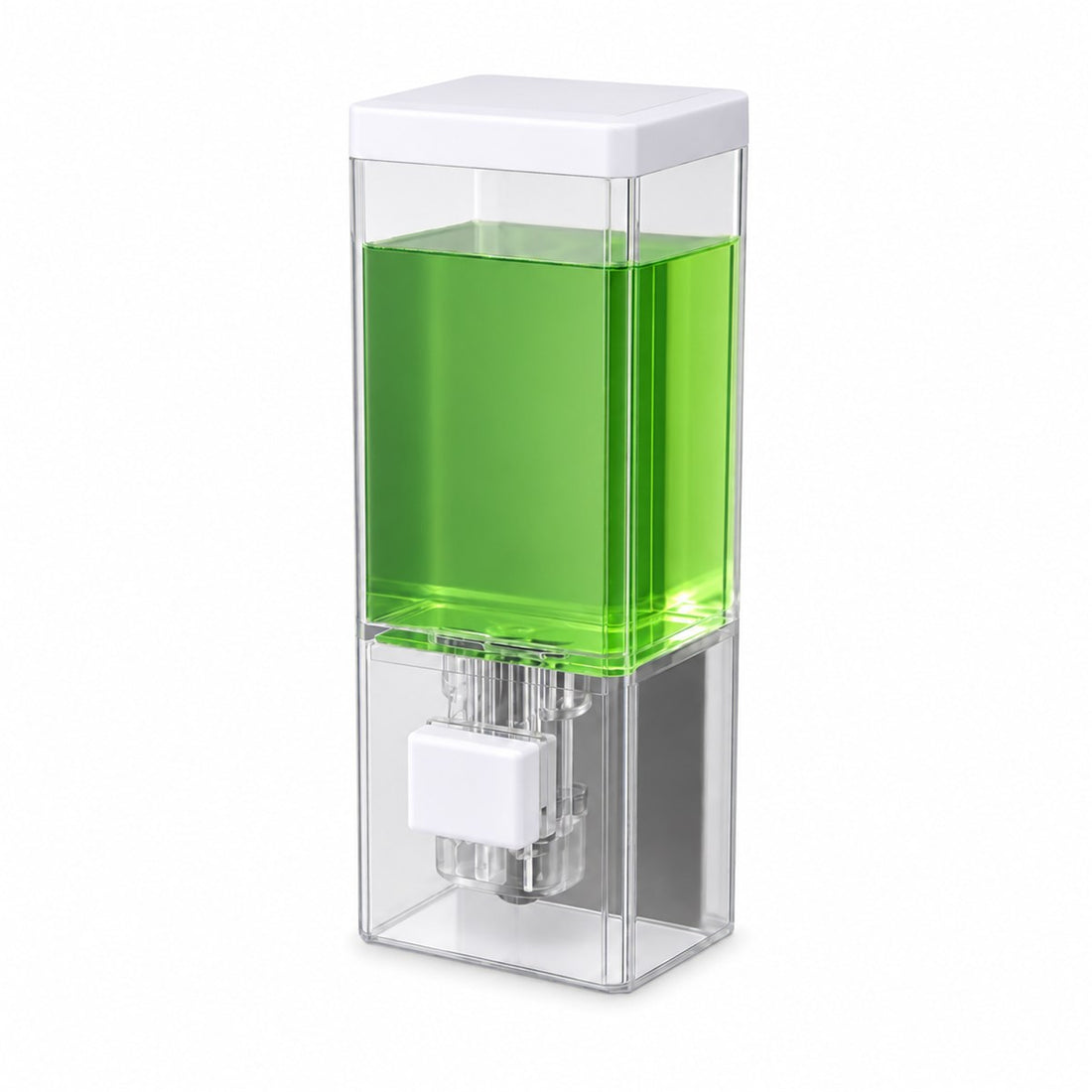 Dispenser de Sabonete de Parede Transparente com Válvula de Pressão, vista frontal em fundo branco