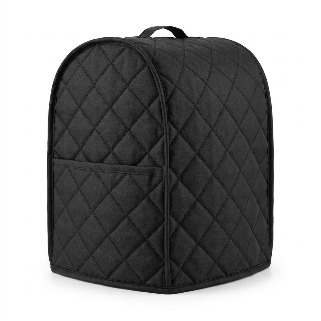 Capa para liquidificador matelassê com bolso lateral contra poeira, vista frontal em fundo branco