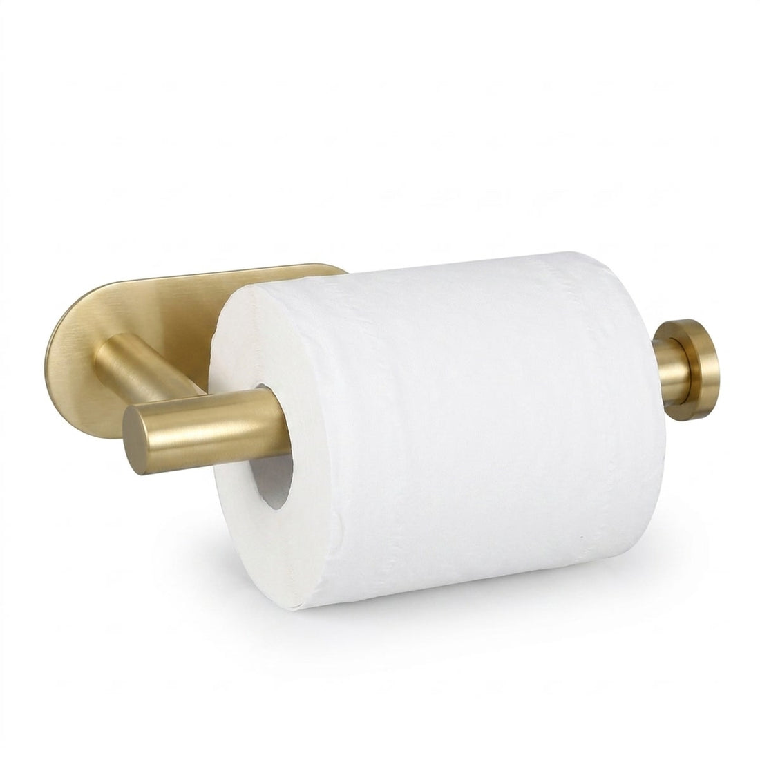 Suporte de papel higiênico dourado adesivo, sem furar a parede, vista frontal em fundo branco