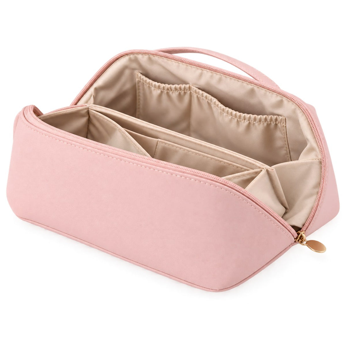 Necessaire de maquiagem grande de mão em poliéster com alça, vista frontal em fundo branco