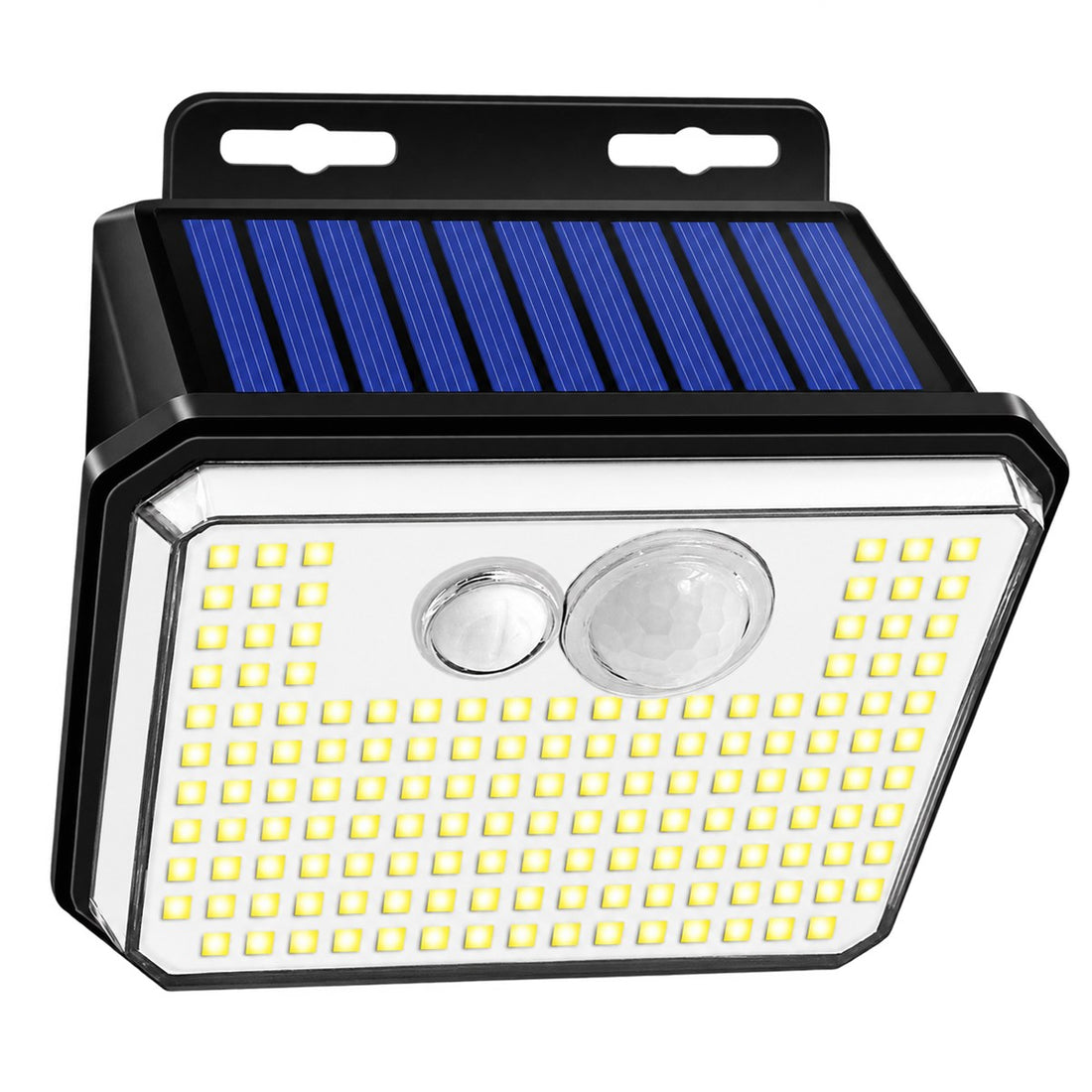 Luz Solar de Parede com Sensor de Presença e 148 LEDs para Jardim e Garagem, vista frontal em fundo branco