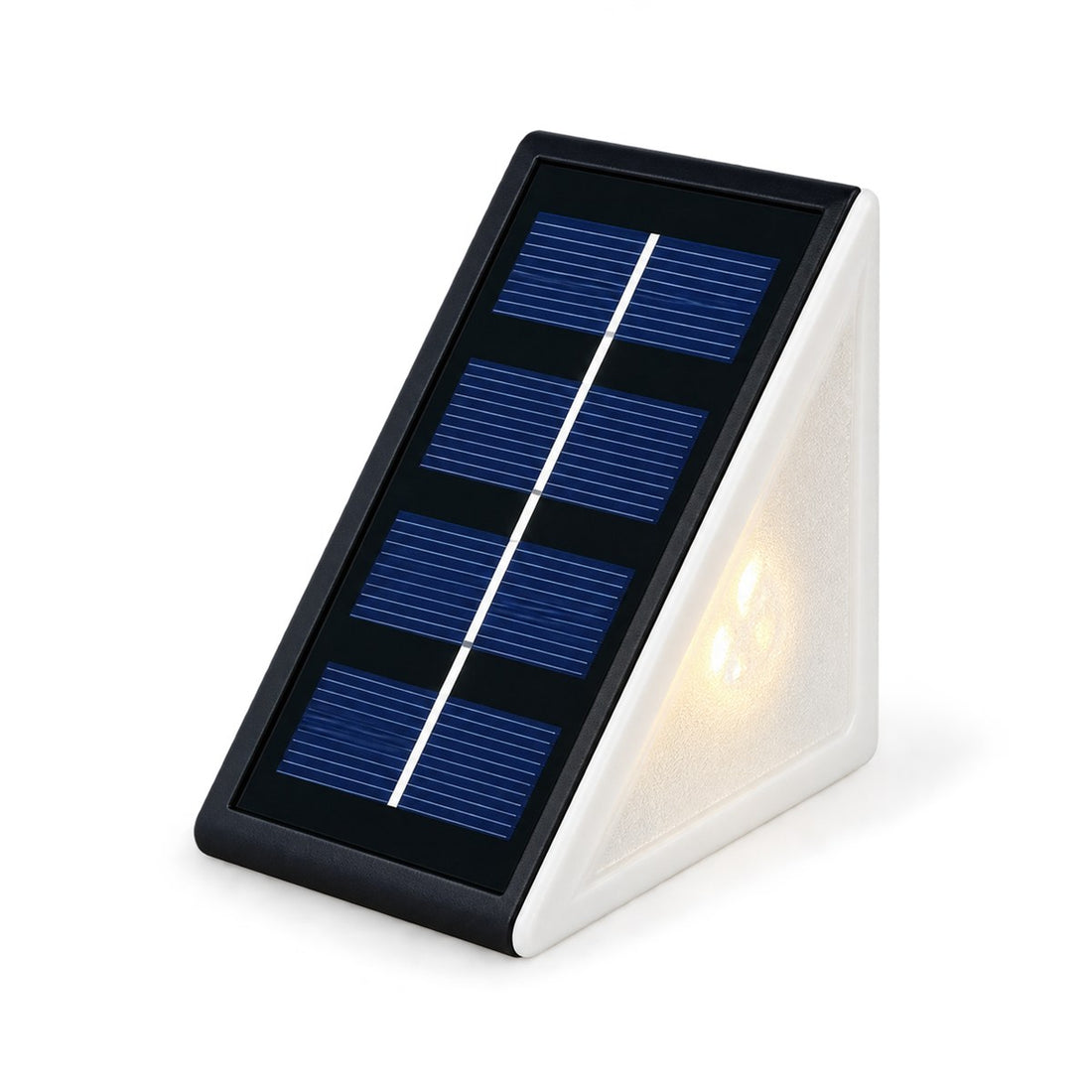 Luz Solar Decorativa Triangular para Degrau e Deck, Branco Quente ou RGB, vista frontal em fundo branco