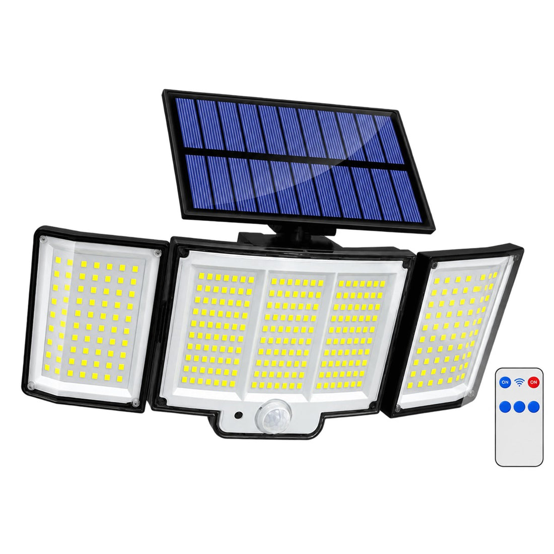 Refletor Solar com Sensor de Movimento e Três Cabeças Ajustáveis para Área Externa, vista frontal em fundo branco