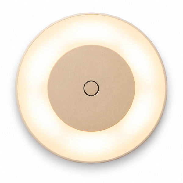 Arandela recarregável usb redonda com luz regulável no toque para armário e corredor, vista frontal em fundo branco