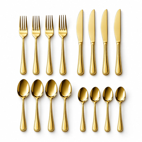 Jogo de Talheres Dourado 16 Peças em Aço Inox para Mesa Posta, vista frontal em fundo branco