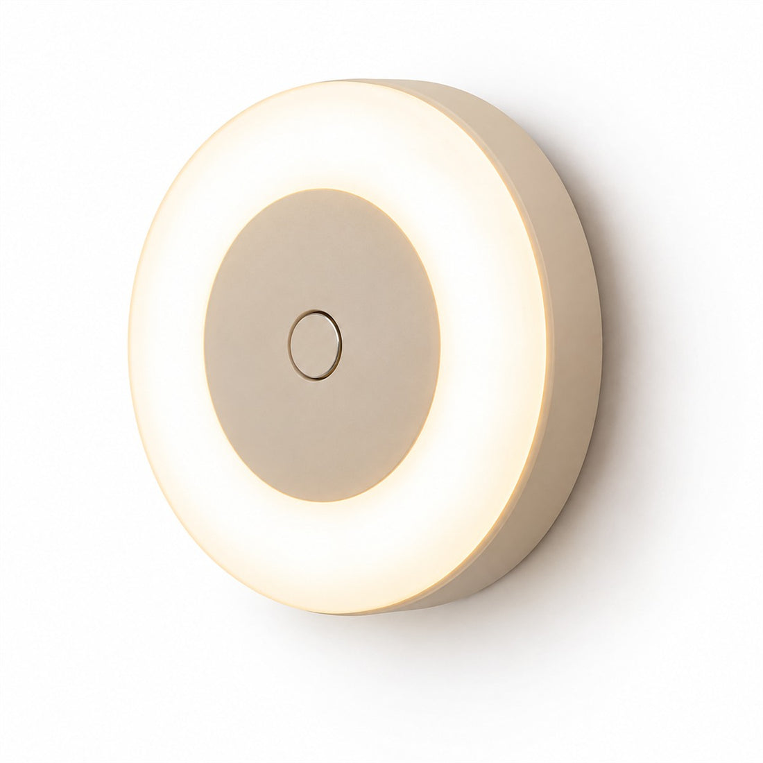 Arandela recarregável usb redonda com luz regulável no toque para armário e corredor, vista em ângulo 3/4