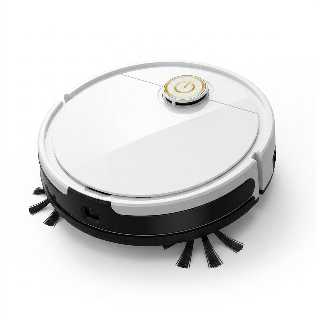Robô aspirador 3 em 1 recarregável por USB para piso e bancada, vista em ângulo 3/4 em fundo branco