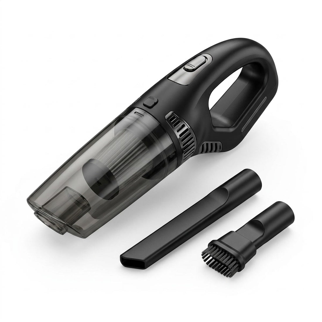 Aspirador de pó portátil USB de 120W sem fio para carro e sofá, vista em ângulo 3/4 em fundo branco