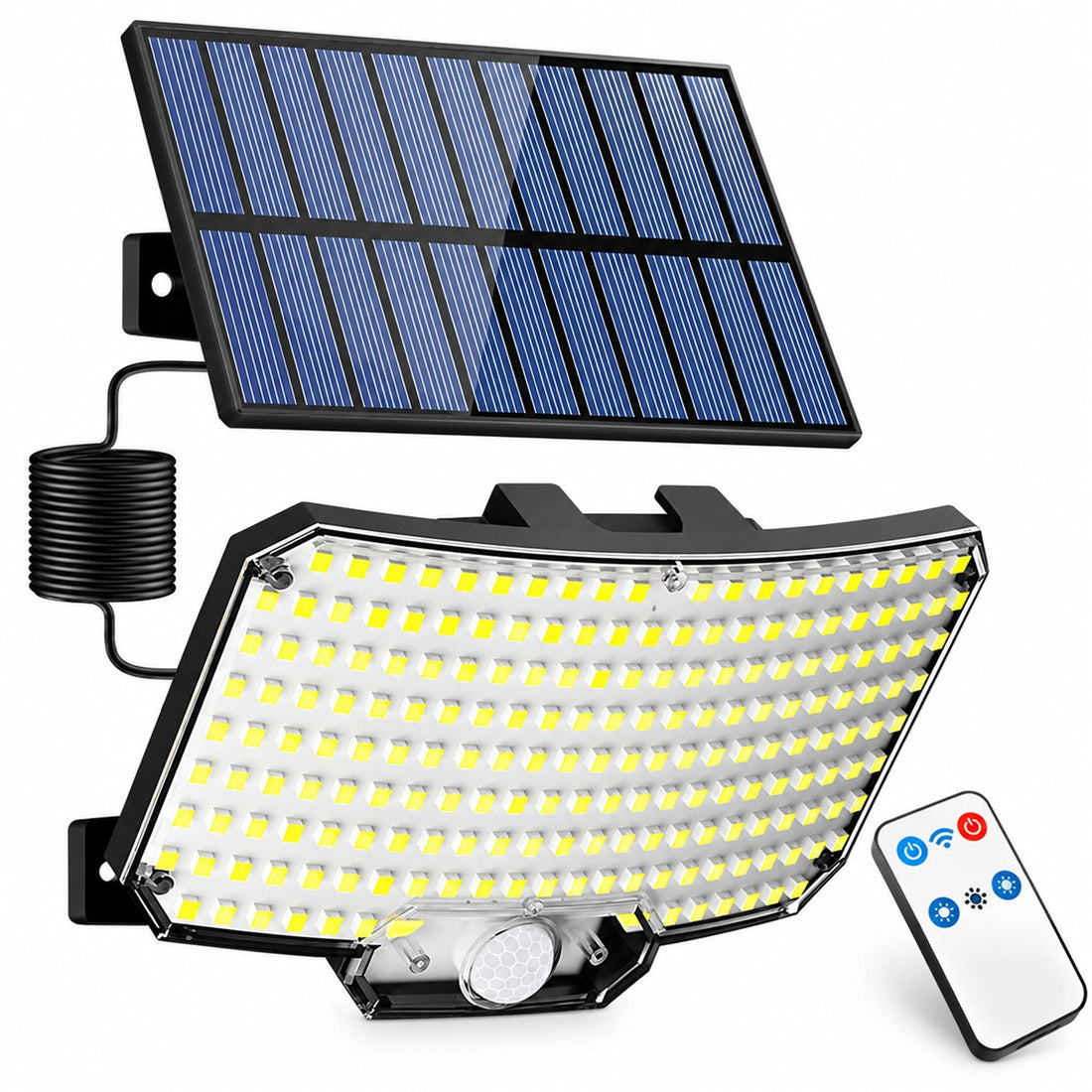 Luminária Solar com Controle Remoto e Sensor de Presença 234 LEDs para Área Externa, vista em ângulo 3/4