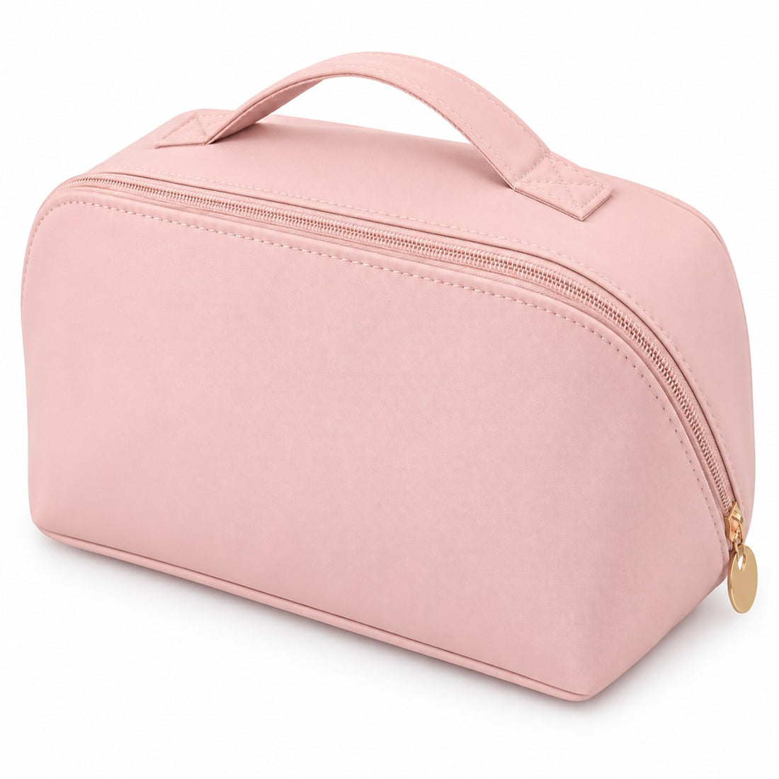 Necessaire de maquiagem grande de mão em poliéster com alça, vista em ângulo 3/4
