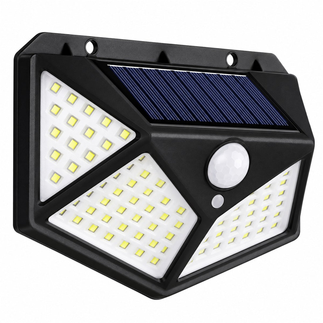 Arandela solar de parede externa com 100 LEDs para varanda e área gourmet, vista em ângulo 3/4