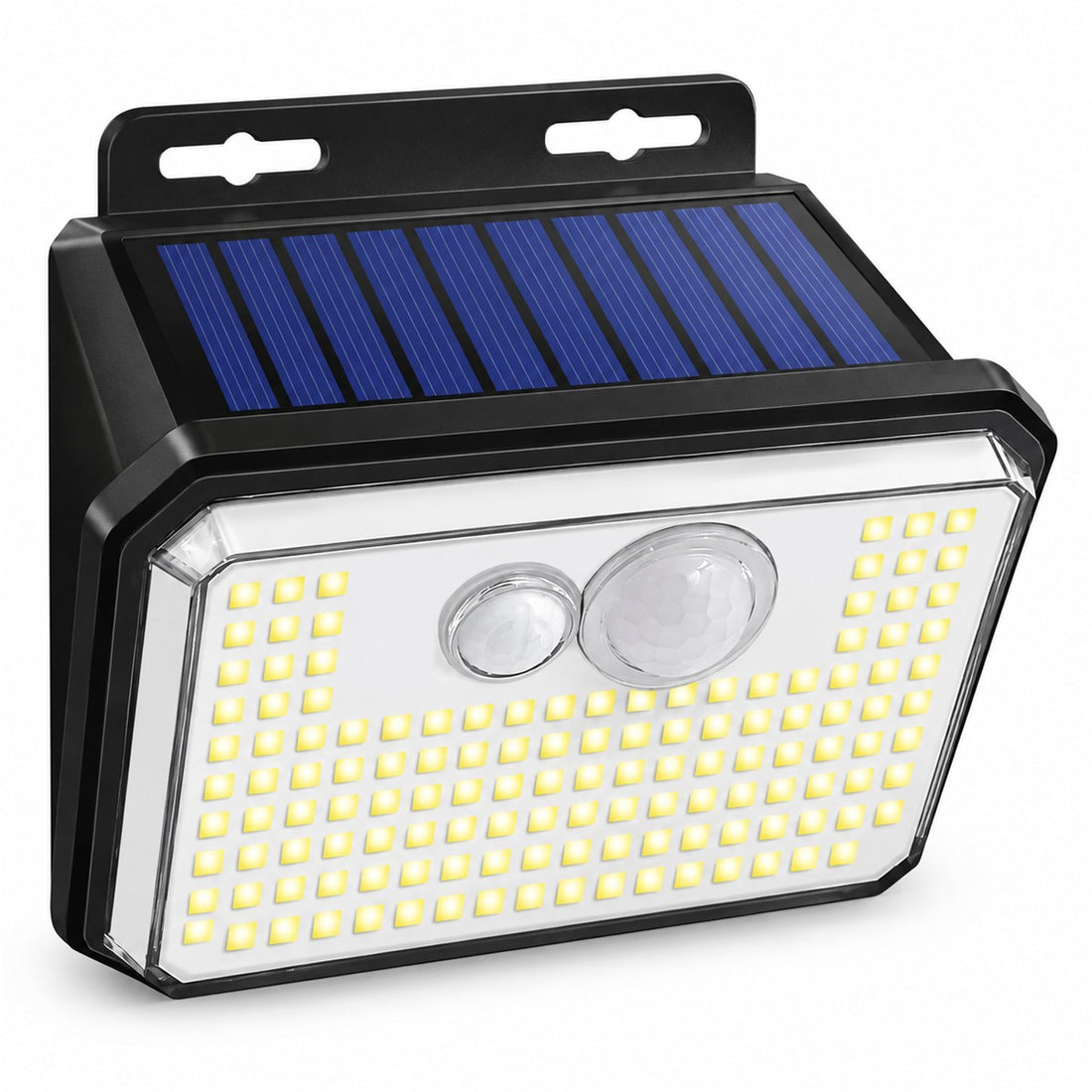 Luz Solar de Parede com Sensor de Presença e 148 LEDs para Jardim e Garagem, vista em ângulo 3/4