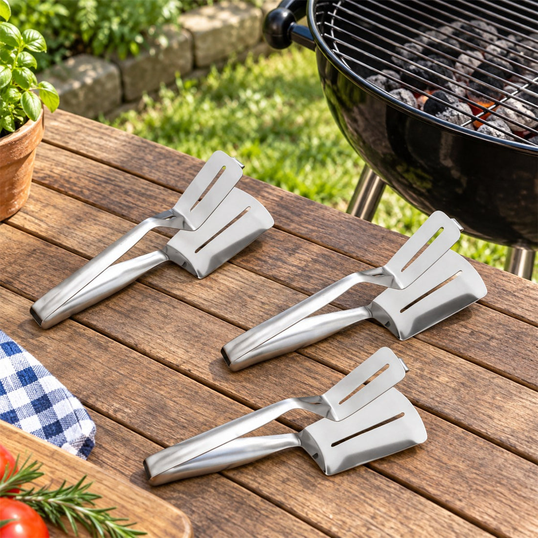 Espátula para churrasco com pegador em aço inox — jogo com 3 peças, vista em ângulo 3/4