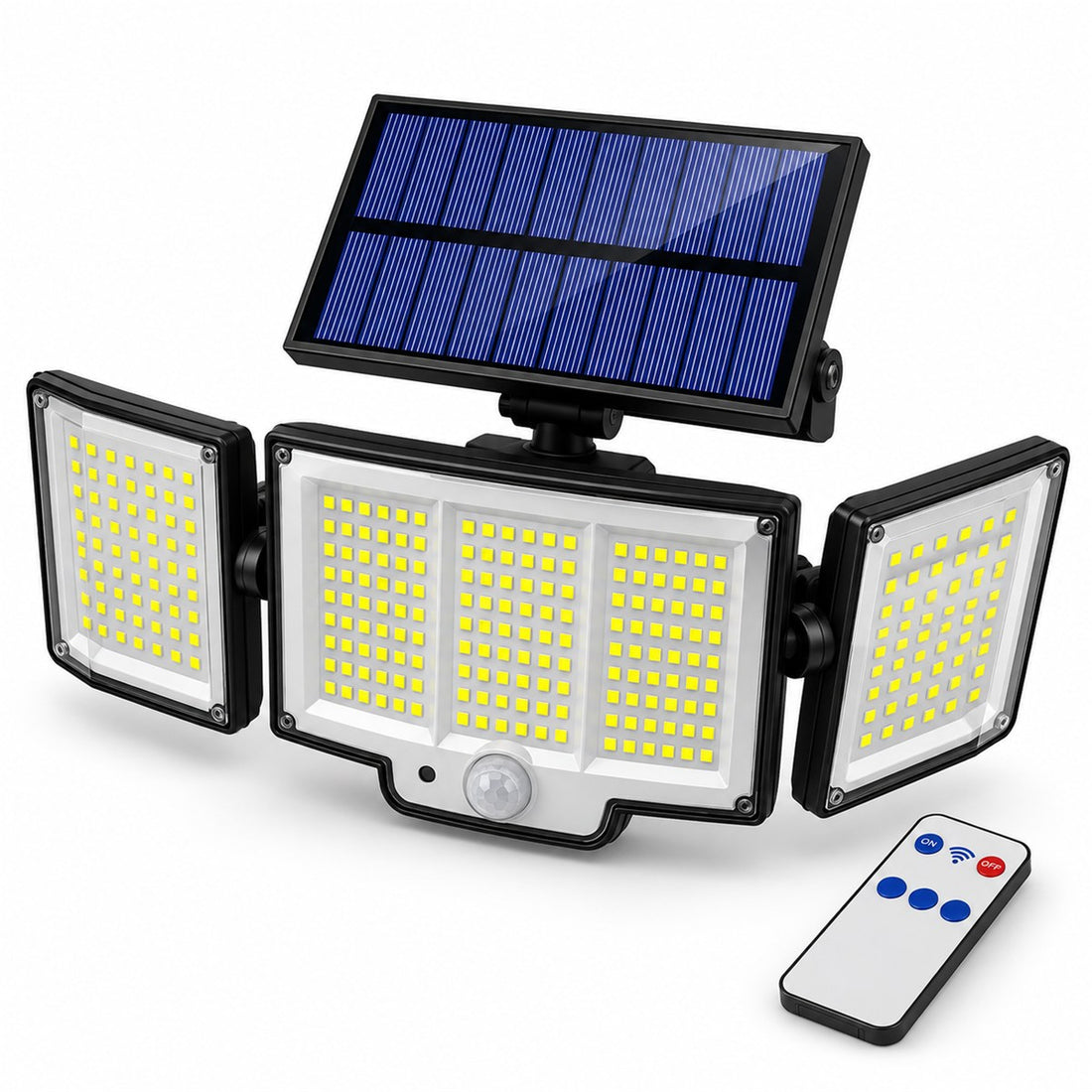 Refletor Solar com Sensor de Movimento e Três Cabeças Ajustáveis para Área Externa, vista em ângulo 3/4