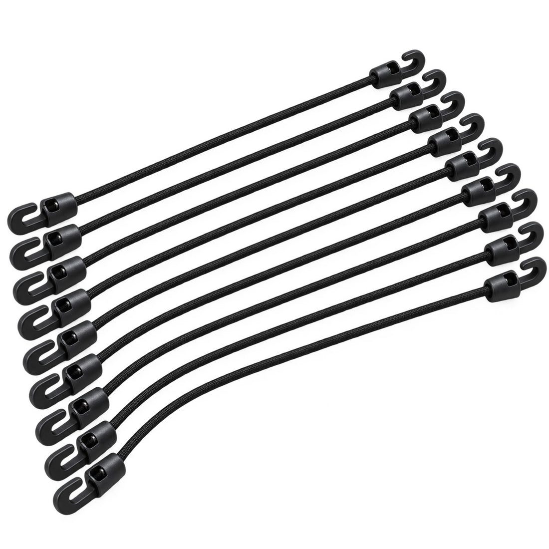 Kit corda elástica com gancho para toldo e lona 10 cm com 10 peças, vista em ângulo 3/4