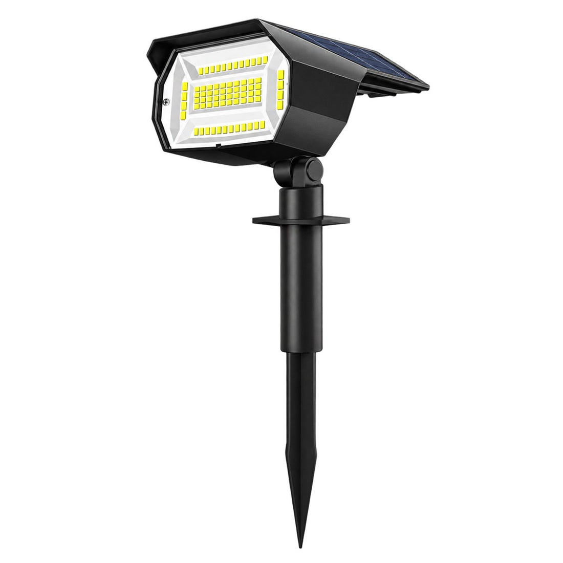 Spot Solar para Jardim com 72 LEDs e Espeto de Chão, Três Modos de Luz, vista em ângulo 3/4