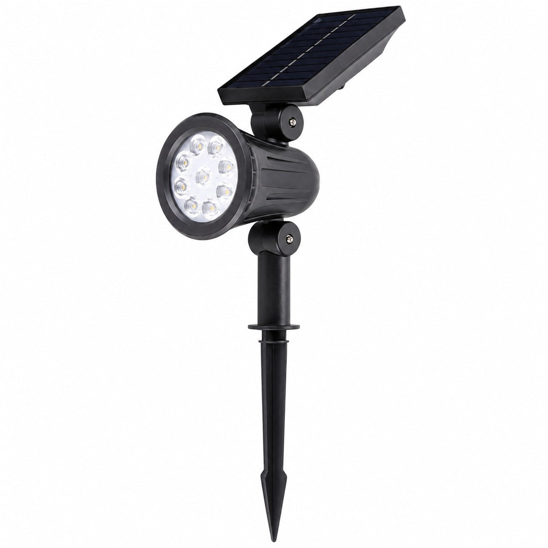 Luminária Solar para Quintal com 9 LEDs e Brilho Ajustável, Painel Articulado, vista em ângulo 3/4