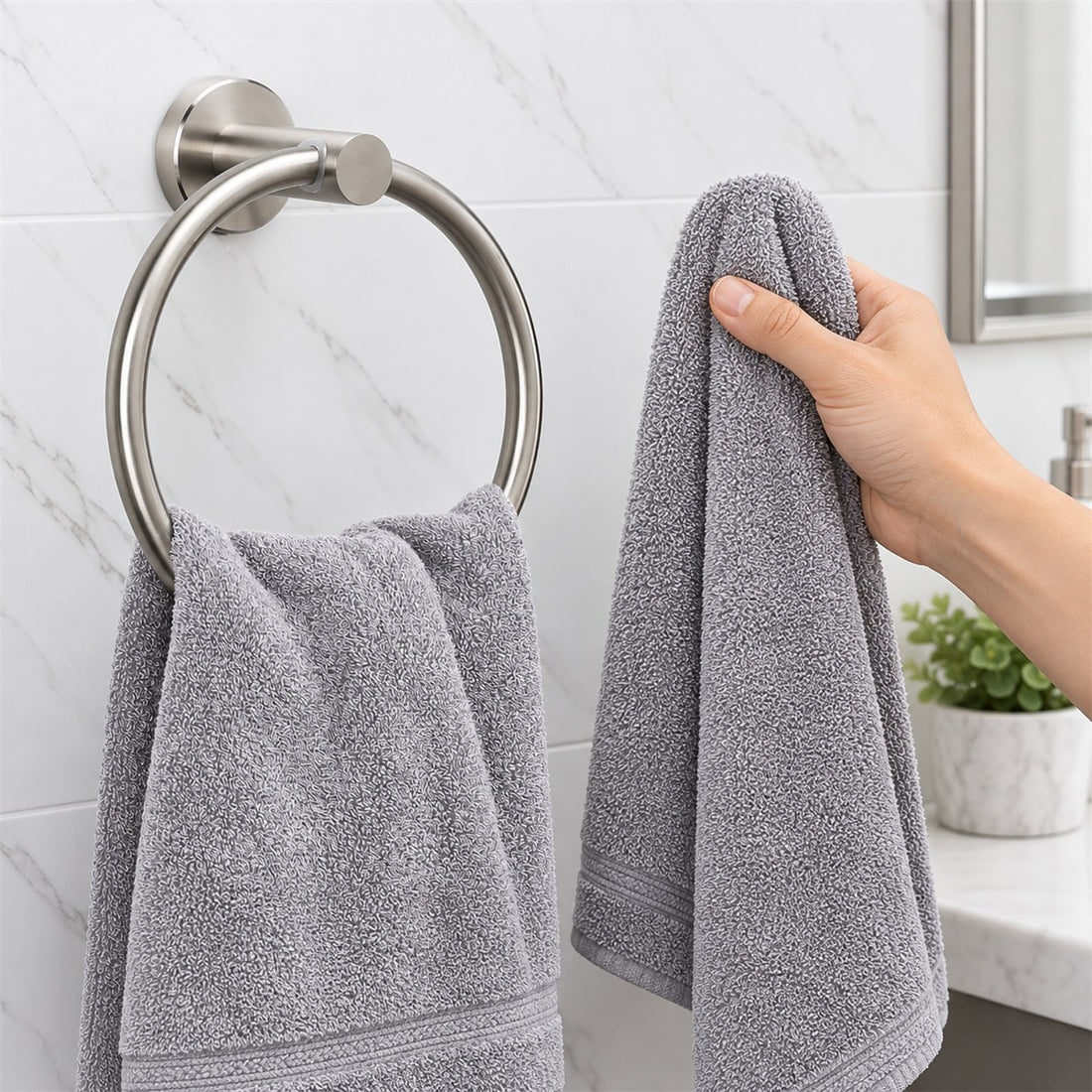 Argola Porta Toalha de Aço Inox 304 para Toalha de Rosto e Lavabo, vista em ângulo 3/4