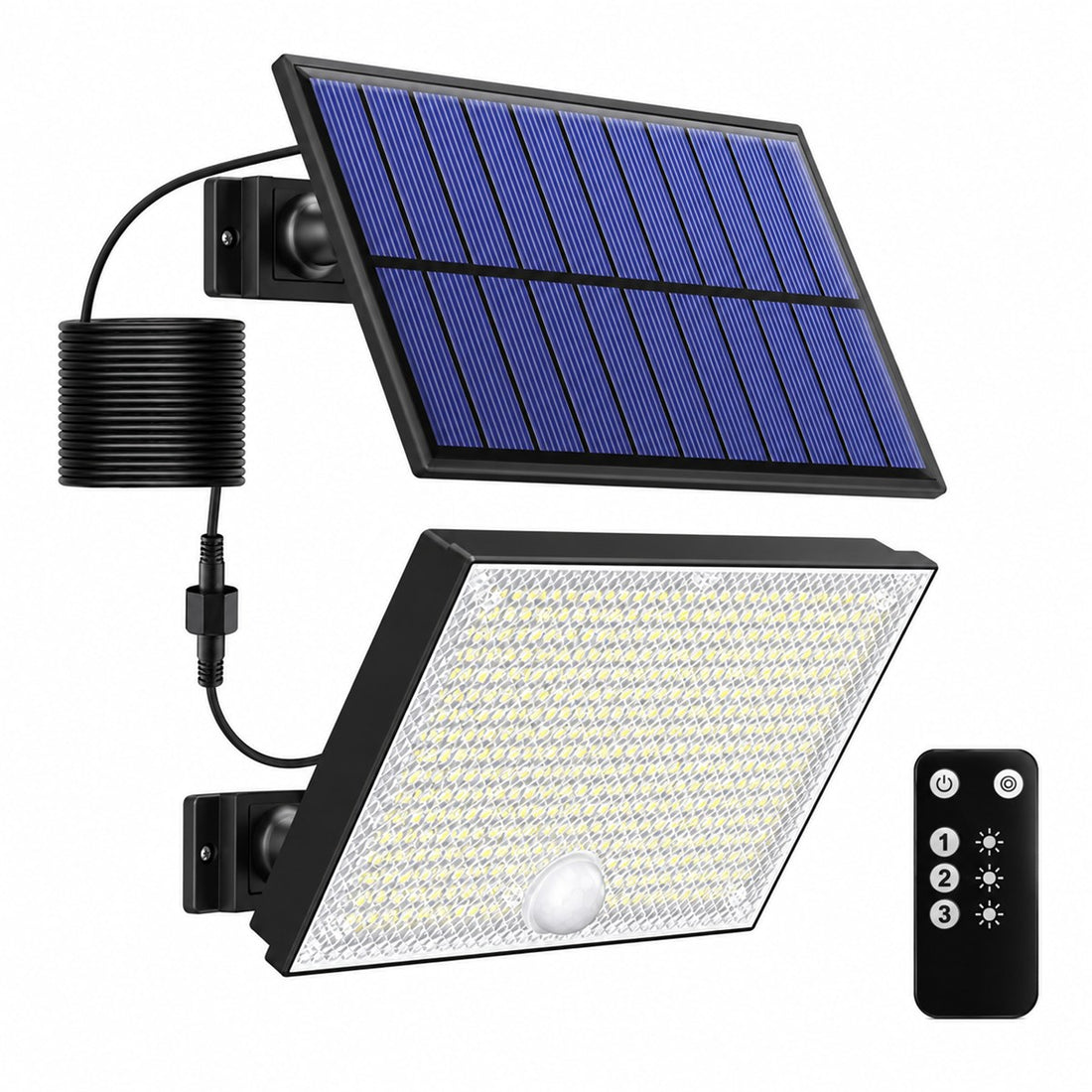 Refletor Solar LED com Sensor de Presença e Controle Remoto para Muro e Quintal, vista em ângulo 3/4