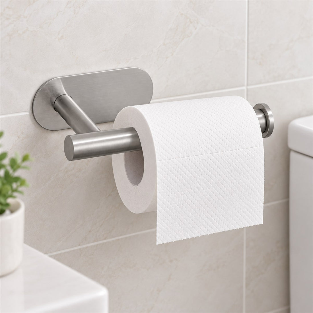 Suporte para Papel Higiênico em Inox 304 Adesivo, sem Furar, vista em ângulo 3/4