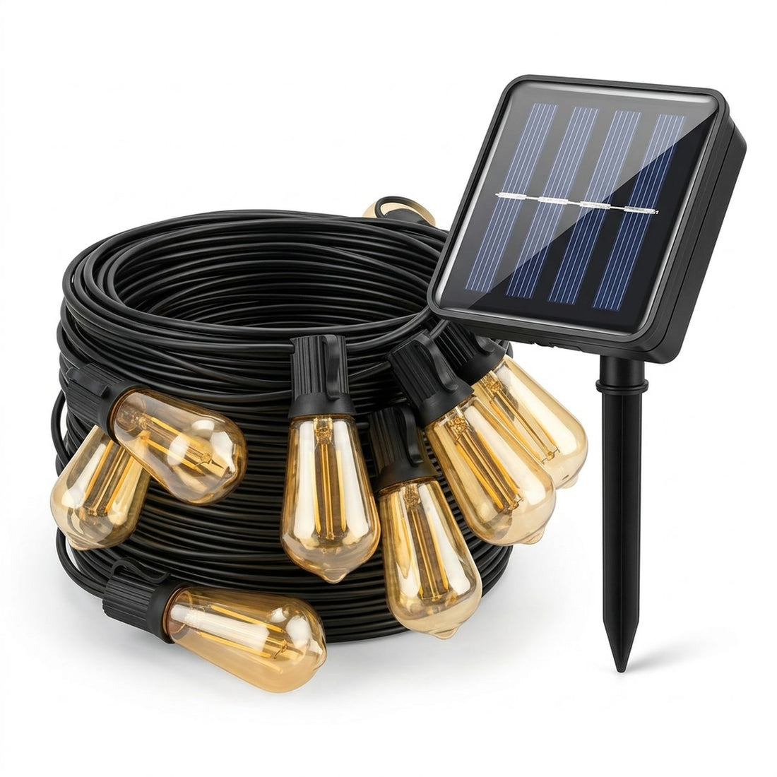 Varal de luzes solar para área externa com 8 metros e 20 lâmpadas LED, vista em ângulo 3/4 em fundo branco
