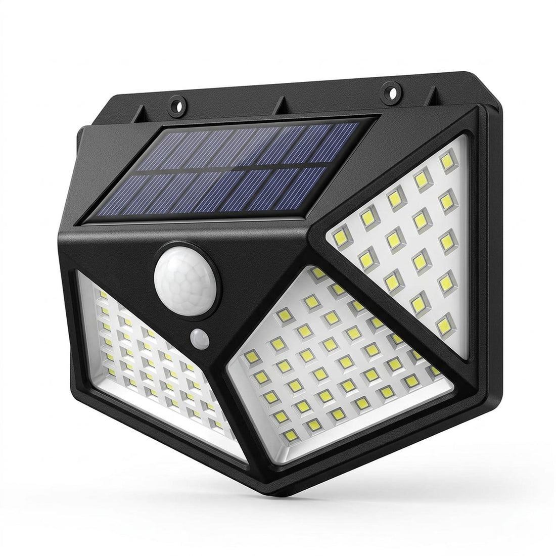 Luminária solar de parede com 100 LEDs para muro, quintal e garagem, vista em ângulo 3/4 em fundo branco