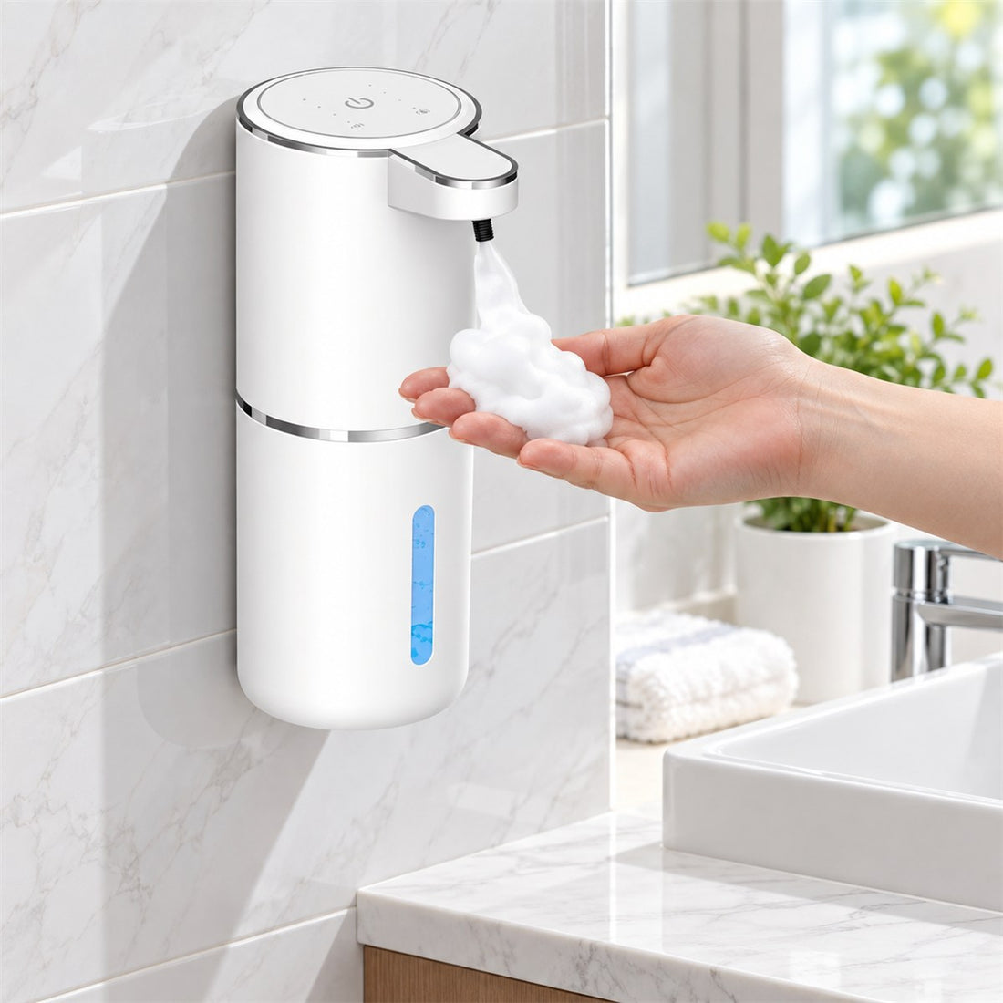 Dispenser Automático de Sabonete em Espuma de Parede Recarregável, vista em ângulo 3/4