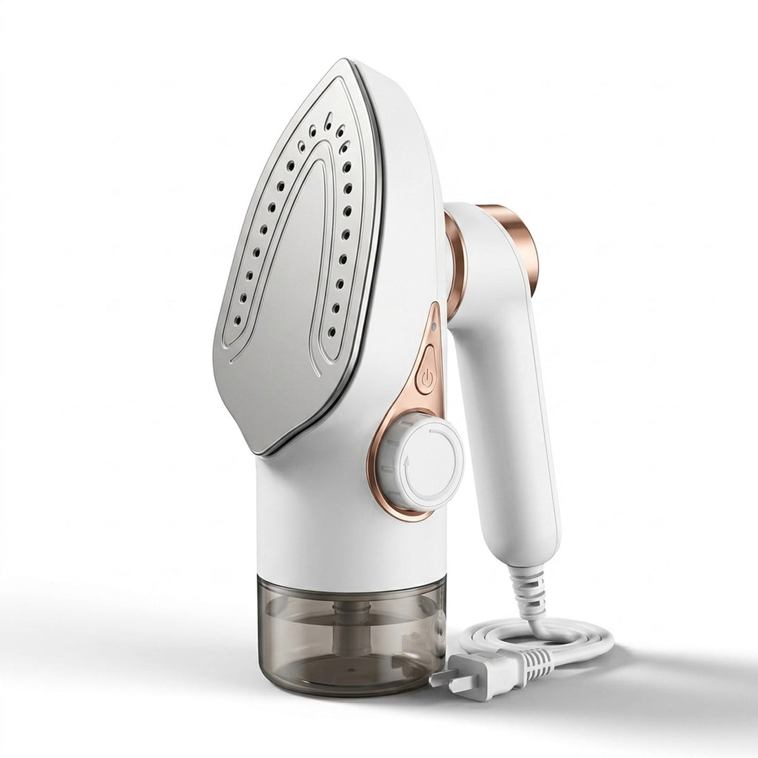 Vaporizador de roupas portátil vertical de mão com 60 minutos de vapor, vista em ângulo 3/4 em fundo branco