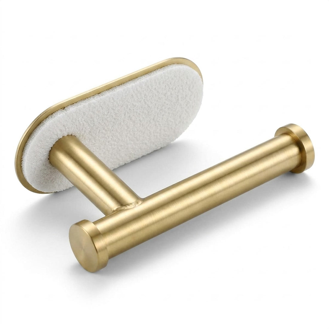 Suporte de papel higiênico dourado adesivo, sem furar a parede, vista em ângulo 3/4 em fundo branco